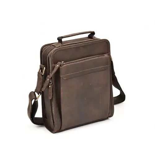 Vintage Leather Men's Crossbody Bag with Top Handle and Zippered Compartments